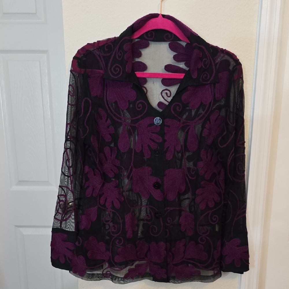 Black and Pink Graphic Embellished Blouse with Notched Collar